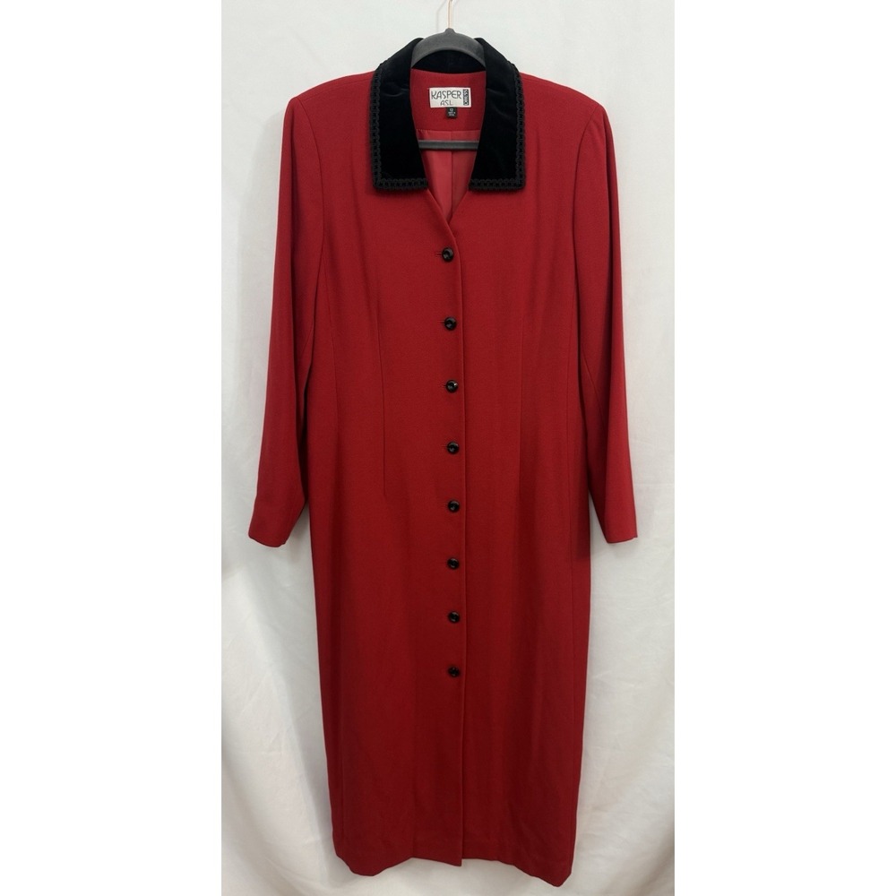 VTG Kasper Red Long Coat Dress Velvet Collar Lined Button Down Womens‎ Size 12